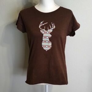 Knee Deep & Farm Girl Authentic Brand Lovin'it Tribal Deer Head Tee Brown Large